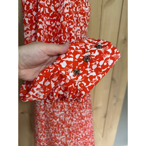 Ganni | Balloon Sleeve Orange Floral Print Crepe Midi Dress | Size 38 (US 6) - Picture 5 of 16